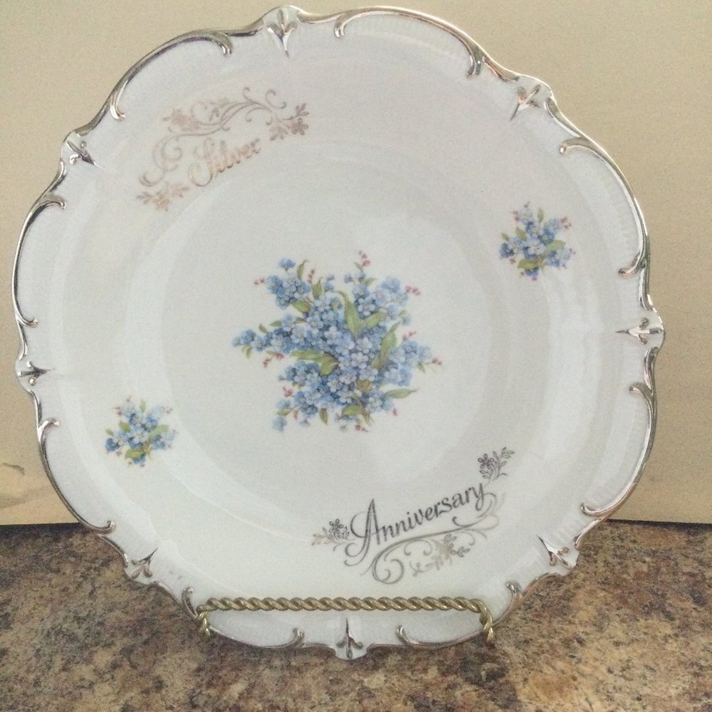Vintage Schumann Arzberg Silver Anniversary plate Bavaria Germany blue flowers